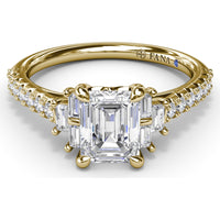 Emerald Cut Engagement Ring Setting with Baguette Side Stones and Tapered Pavé Diamond Shank - 0.51 Carat Total Side Stone Weight by Fana