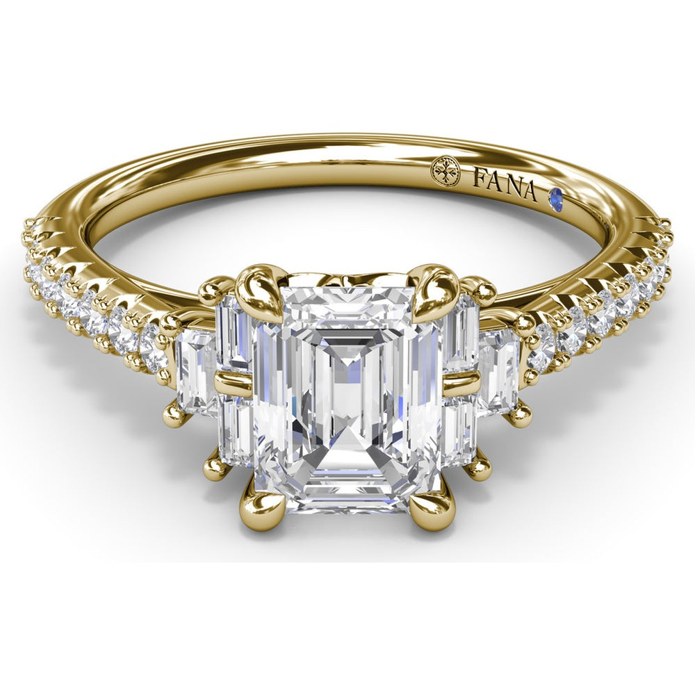 Emerald Cut Engagement Ring Setting with Baguette Side Stones and Tapered Pavé Diamond Shank - 0.51 Carat Total Side Stone Weight by Fana
