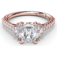 Emerald Cut Engagement Ring Setting with Baguette Side Stones and Tapered Pavé Diamond Shank - 0.51 Carat Total Side Stone Weight by Fana