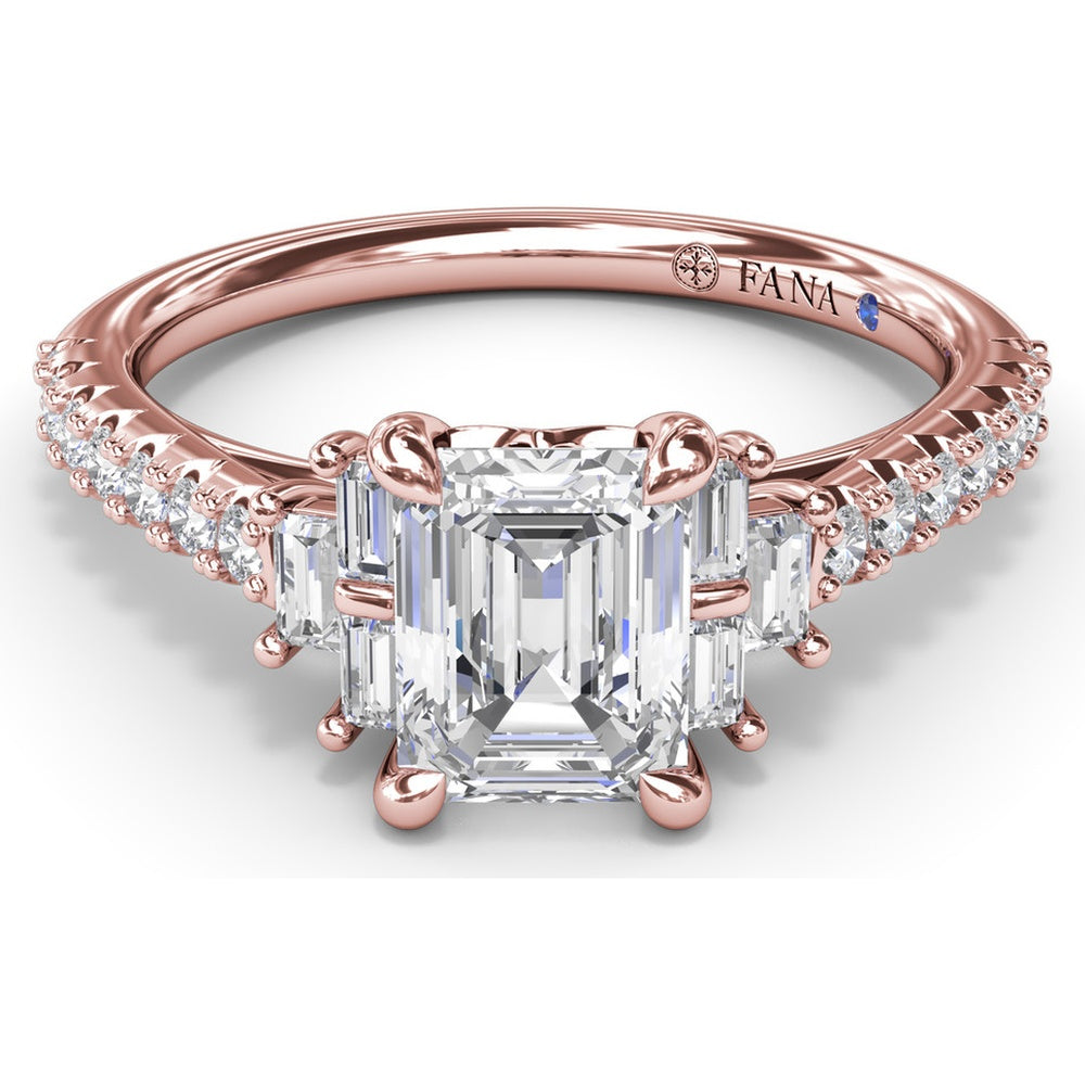 Emerald Cut Engagement Ring Setting with Baguette Side Stones and Tapered Pavé Diamond Shank - 0.51 Carat Total Side Stone Weight by Fana