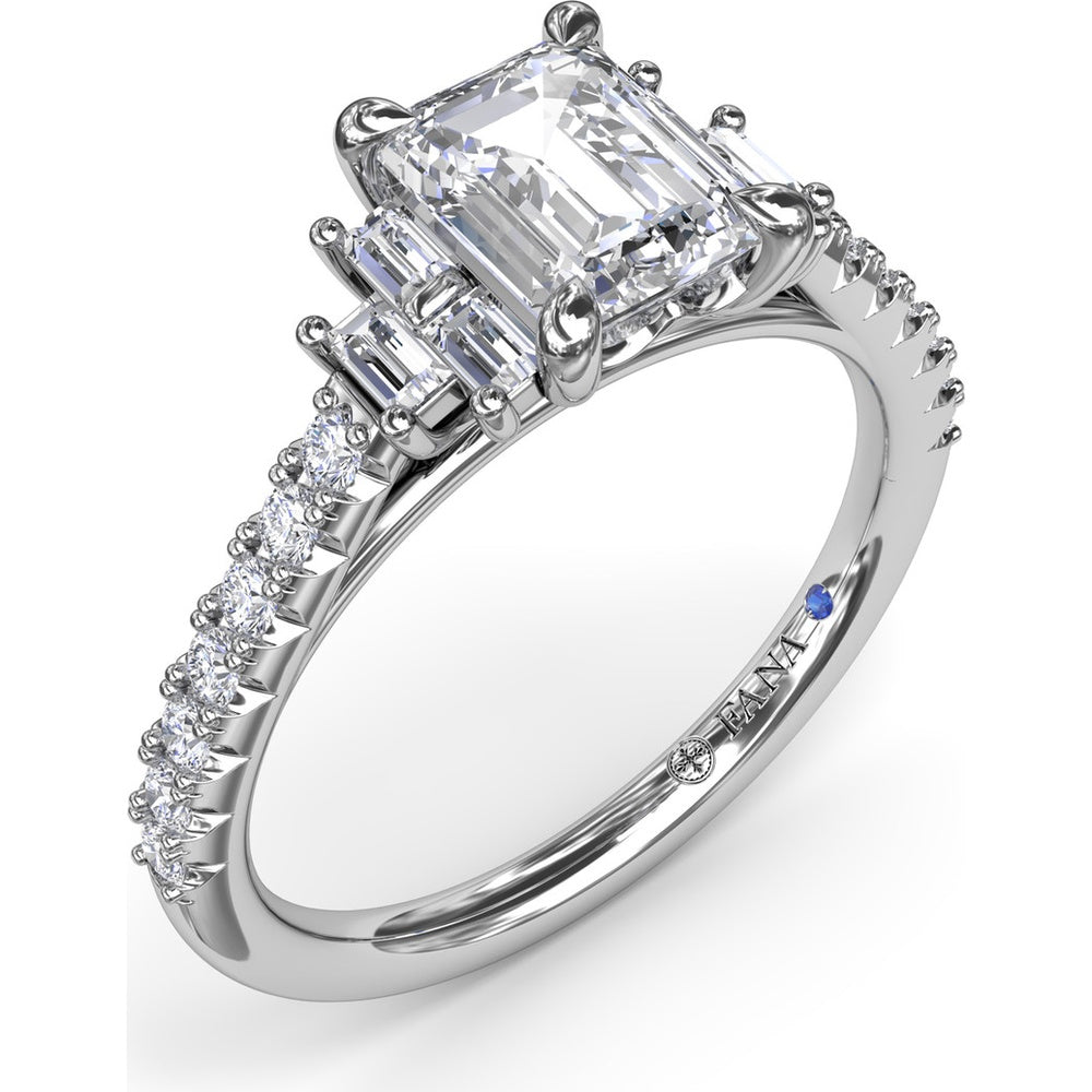 Emerald Cut Engagement Ring Setting with Baguette Side Stones and Tapered Pavé Diamond Shank - 0.51 Carat Total Side Stone Weight by Fana