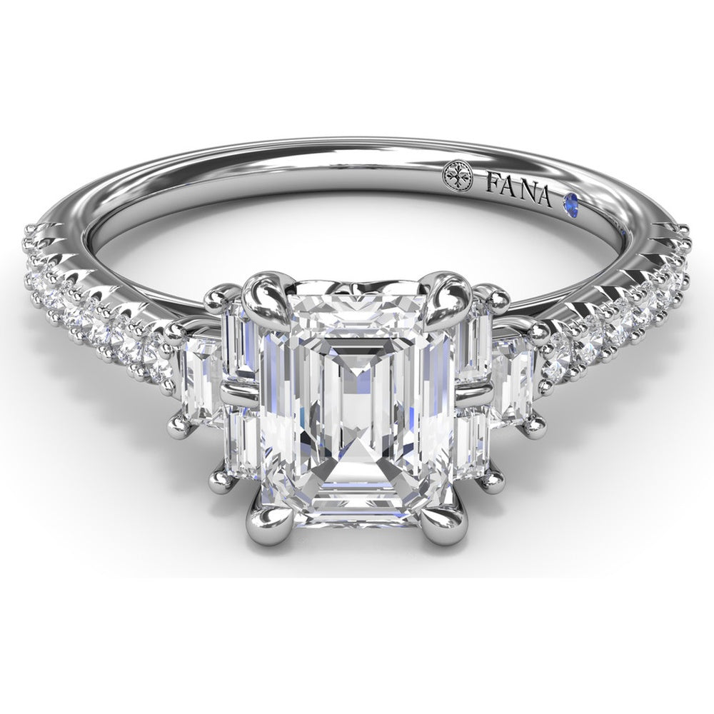 Emerald Cut Engagement Ring Setting with Baguette Side Stones and Tapered Pavé Diamond Shank - 0.51 Carat Total Side Stone Weight by Fana