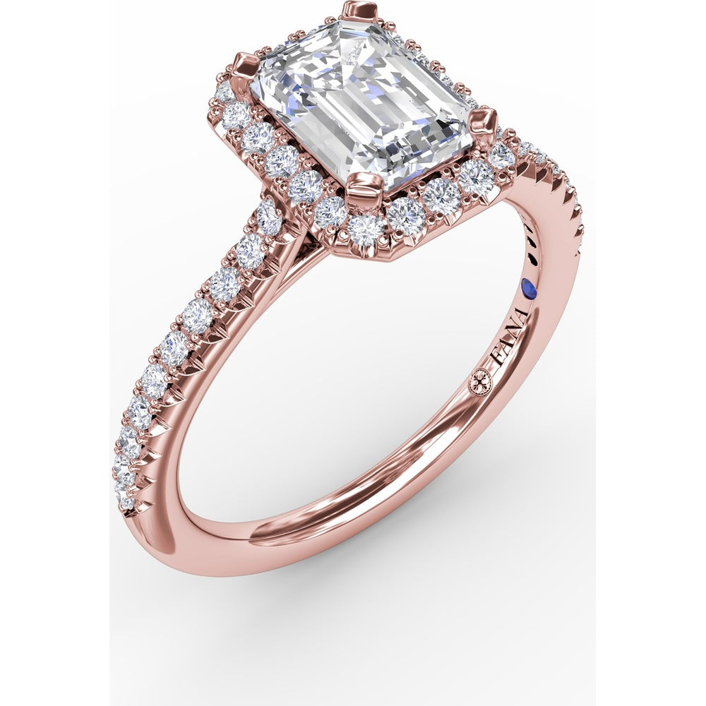 Emerald Cut Engagement Ring Setting with Diamond Halo and Pavé Band by Fana - 0.34 Carat Total Diamond Weight