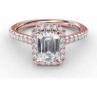 Emerald Cut Engagement Ring Setting with Diamond Halo and Pavé Band by Fana - 0.34 Carat Total Diamond Weight