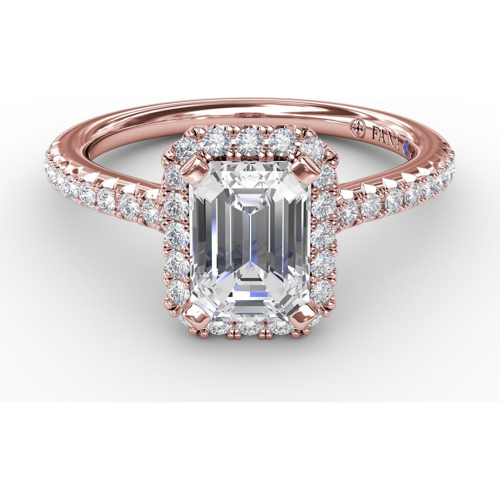 Emerald Cut Engagement Ring Setting with Diamond Halo and Pavé Band by Fana - 0.34 Carat Total Diamond Weight