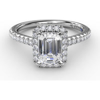 Emerald Cut Engagement Ring Setting with Diamond Halo and Pavé Band by Fana - 0.34 Carat Total Diamond Weight