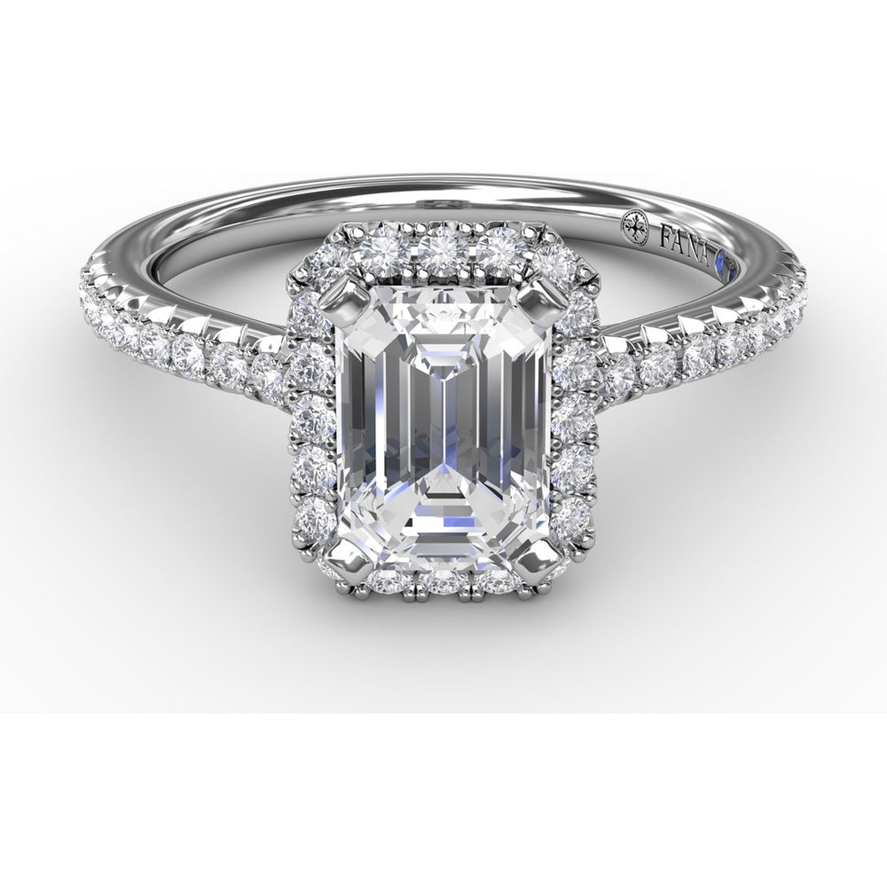 Emerald Cut Engagement Ring Setting with Diamond Halo and Pavé Band by Fana - 0.34 Carat Total Diamond Weight