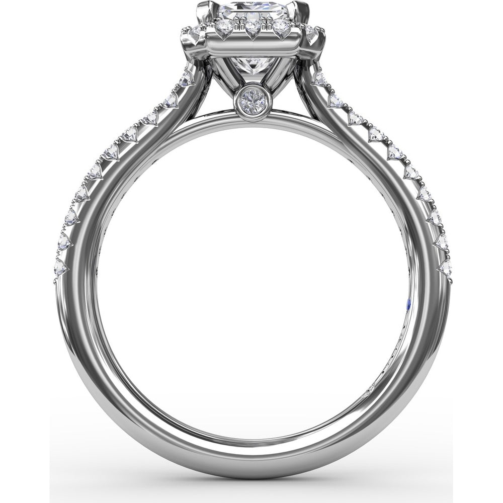 Emerald Cut Engagement Ring Setting with Diamond Halo and Pavé Band by Fana - 0.34 Carat Total Diamond Weight