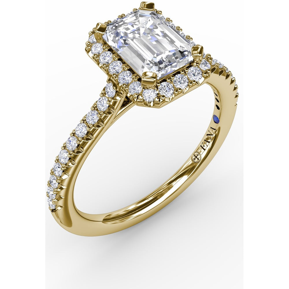 Emerald Cut Engagement Ring Setting with Diamond Halo and Pavé Band by Fana - 0.34 Carat Total Diamond Weight