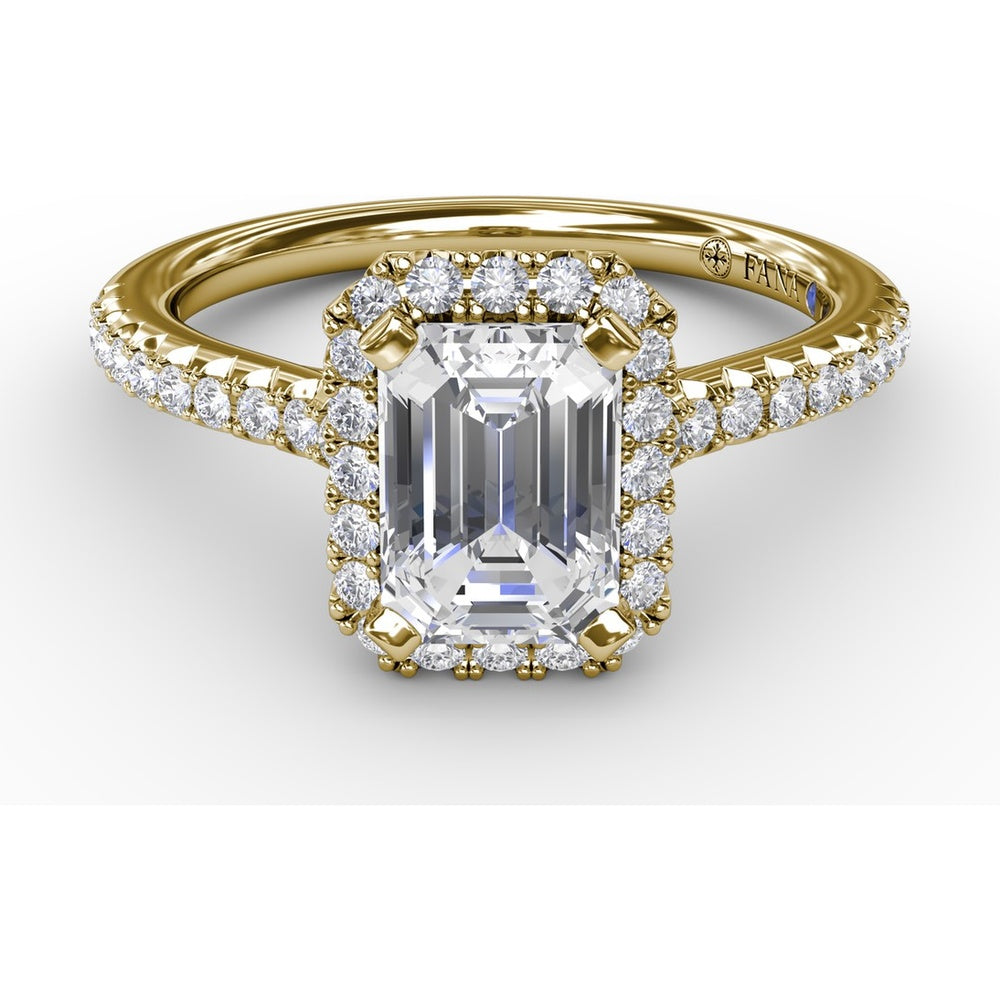 Emerald Cut Engagement Ring Setting with Diamond Halo and Pavé Band by Fana - 0.34 Carat Total Diamond Weight