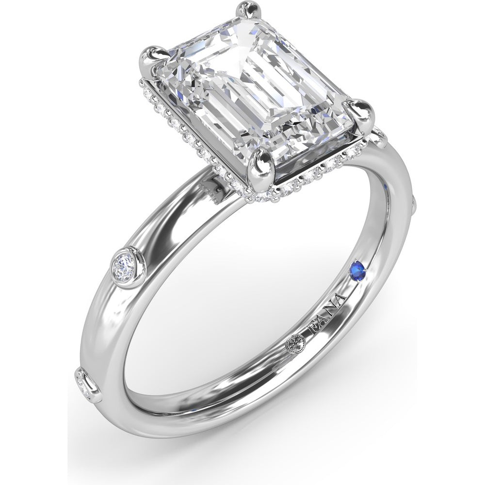 Emerald Cut Engagement Ring Setting with Floating Pavé Halo and Bezel-Set Round Diamond Band by Fana - 0.23 Carat Total Diamond Weight
