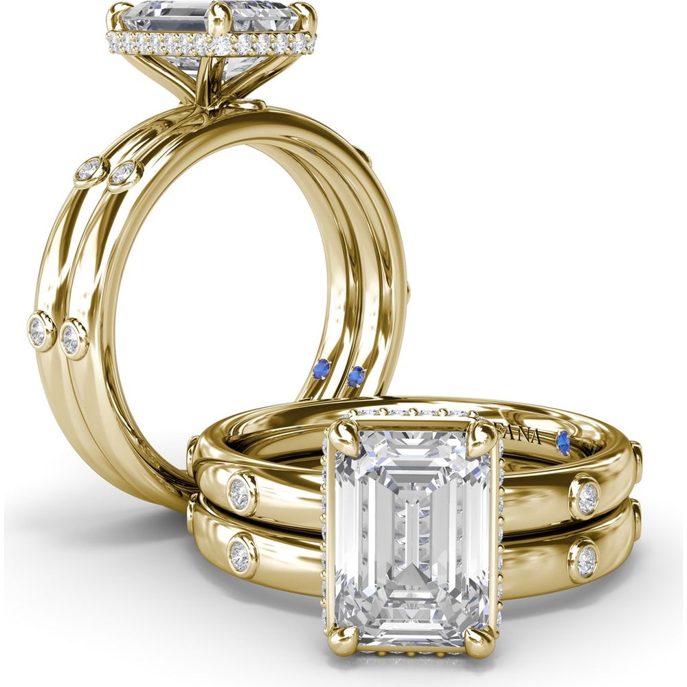 Emerald Cut Engagement Ring Setting with Floating Pavé Halo and Bezel-Set Round Diamond Band by Fana - 0.23 Carat Total Diamond Weight