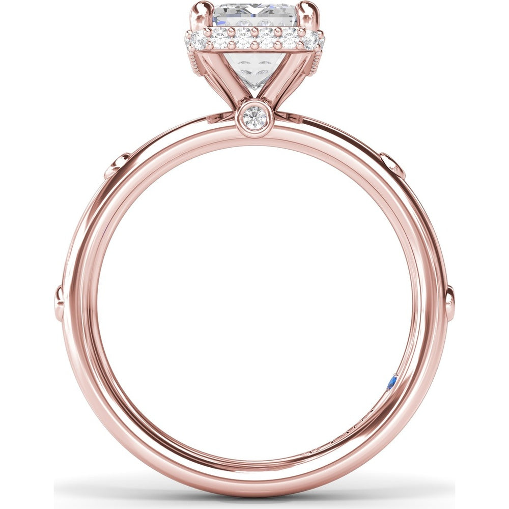 Emerald Cut Engagement Ring Setting with Floating Pavé Halo and Bezel-Set Round Diamond Band by Fana - 0.23 Carat Total Diamond Weight