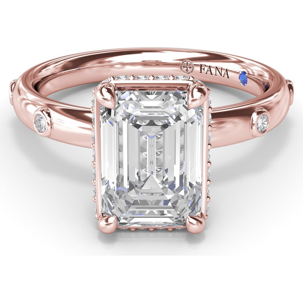 Emerald Cut Engagement Ring Setting with Floating Pavé Halo and Bezel-Set Round Diamond Band by Fana - 0.23 Carat Total Diamond Weight