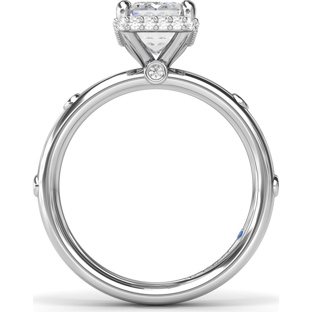 Emerald Cut Engagement Ring Setting with Floating Pavé Halo and Bezel-Set Round Diamond Band by Fana - 0.23 Carat Total Diamond Weight