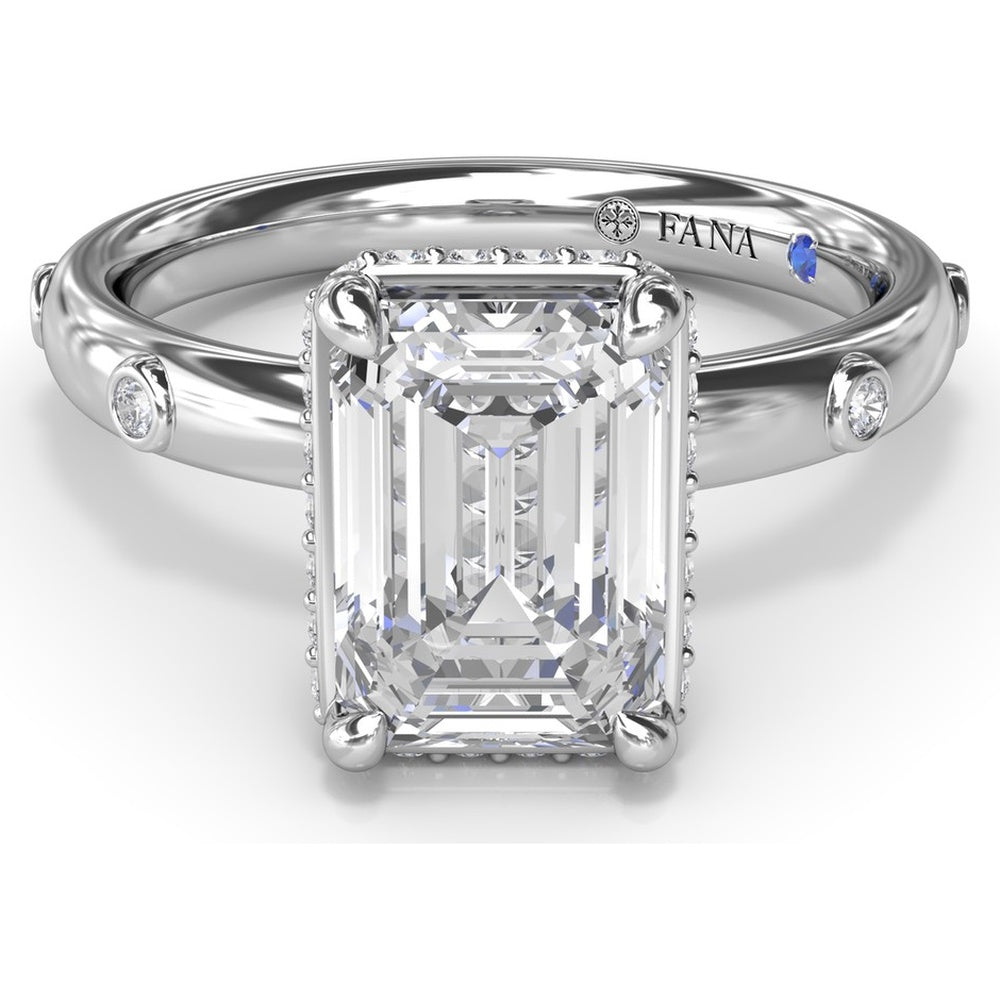 Emerald Cut Engagement Ring Setting with Floating Pavé Halo and Bezel-Set Round Diamond Band by Fana - 0.23 Carat Total Diamond Weight