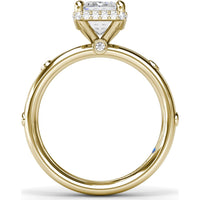 Emerald Cut Engagement Ring Setting with Floating Pavé Halo and Bezel-Set Round Diamond Band by Fana - 0.23 Carat Total Diamond Weight