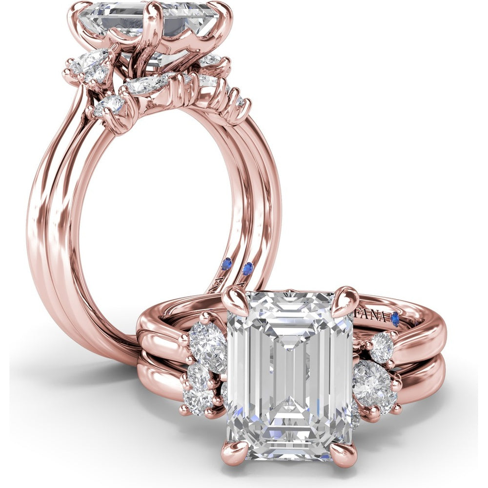 Emerald Cut Engagement Ring Setting with Pear and Round Diamond Accents and Peek-a-Boo Diamond by Fana - 0.25 Carat Total Diamond Weight