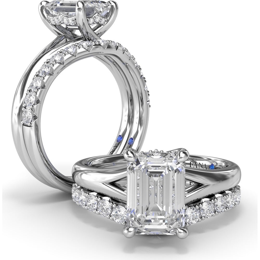 Emerald Cut Engagement Ring Setting with Split Shank and Hidden Halo by Fana - 0.07 Carat Total Diamond Weight