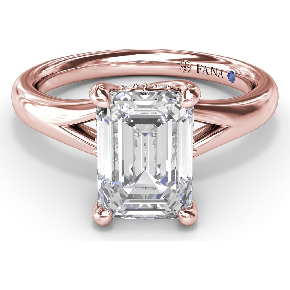 Emerald Cut Engagement Ring Setting with Split Shank and Hidden Halo by Fana - 0.07 Carat Total Diamond Weight
