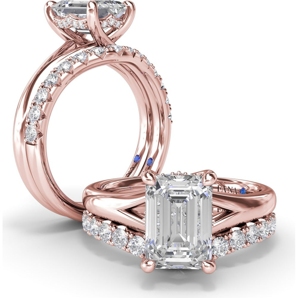Emerald Cut Engagement Ring Setting with Split Shank and Hidden Halo by Fana - 0.07 Carat Total Diamond Weight