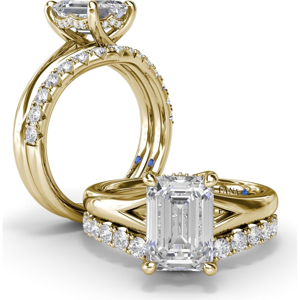 Emerald Cut Engagement Ring Setting with Split Shank and Hidden Halo by Fana - 0.07 Carat Total Diamond Weight