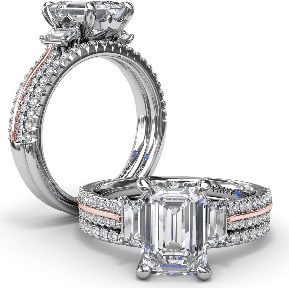 Emerald Cut Engagement Ring Setting with Split Shank Pavé Diamonds by Fana - 0.42 Carat Total Diamond Weight