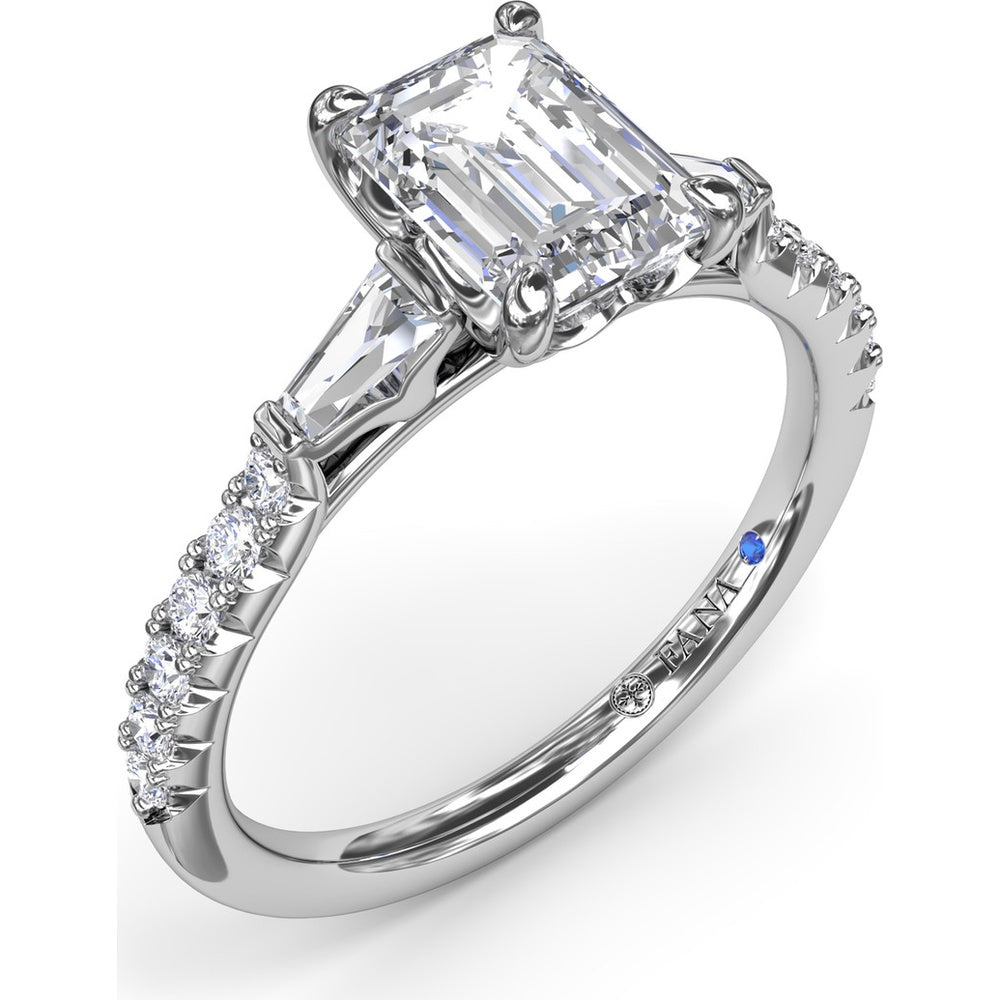 Emerald Cut Engagement Ring Setting with Tapered Baguette and Pavé Round Diamonds by Fana - 0.38 Carat Total Diamond Weight