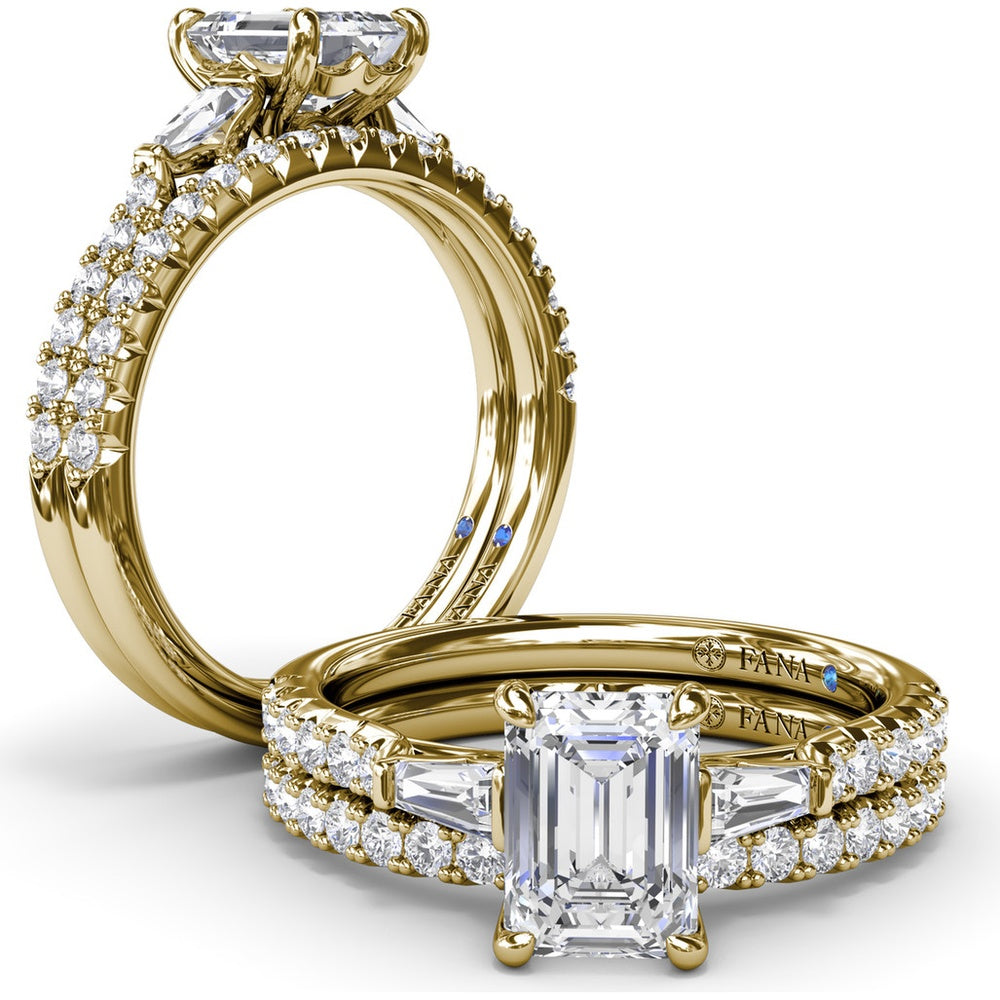 Emerald Cut Engagement Ring Setting with Tapered Baguette and Pavé Round Diamonds by Fana - 0.38 Carat Total Diamond Weight