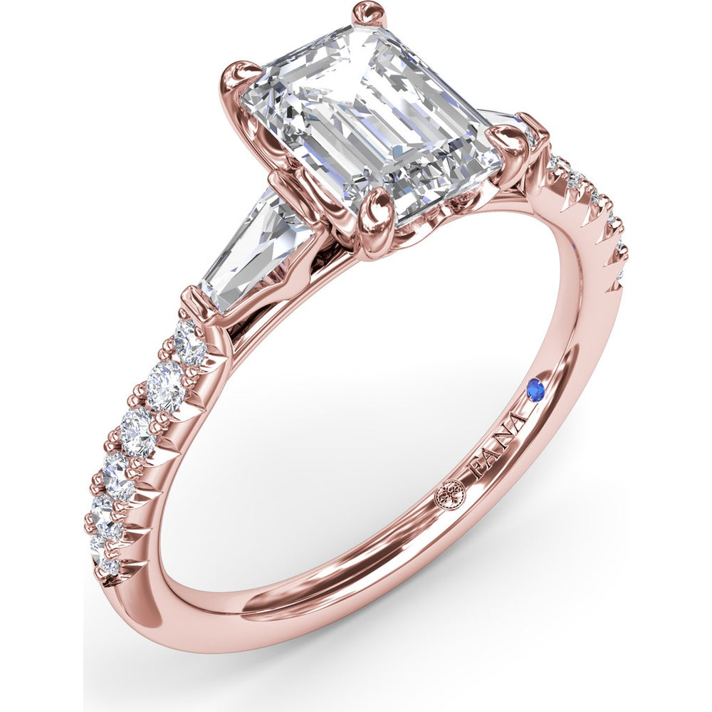 Emerald Cut Engagement Ring Setting with Tapered Baguette and Pavé Round Diamonds by Fana - 0.38 Carat Total Diamond Weight