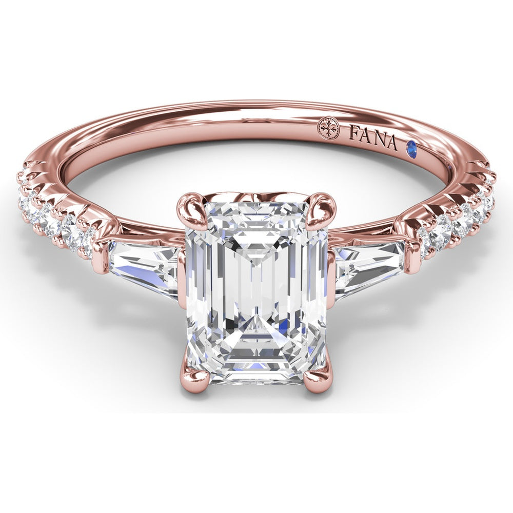 Emerald Cut Engagement Ring Setting with Tapered Baguette and Pavé Round Diamonds by Fana - 0.38 Carat Total Diamond Weight