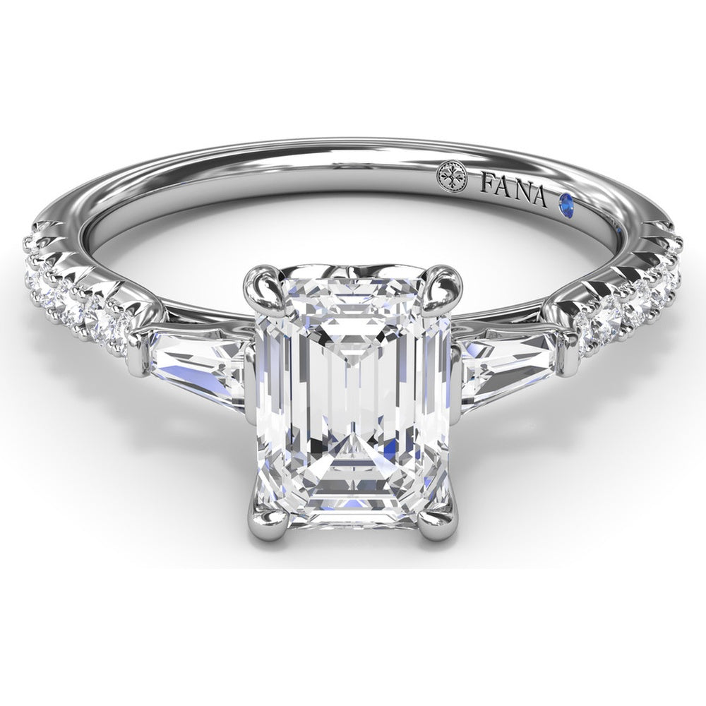 Emerald Cut Engagement Ring Setting with Tapered Baguette and Pavé Round Diamonds by Fana - 0.38 Carat Total Diamond Weight