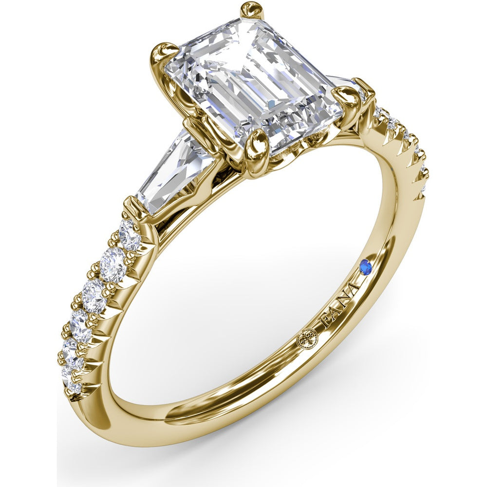 Emerald Cut Engagement Ring Setting with Tapered Baguette and Pavé Round Diamonds by Fana - 0.38 Carat Total Diamond Weight