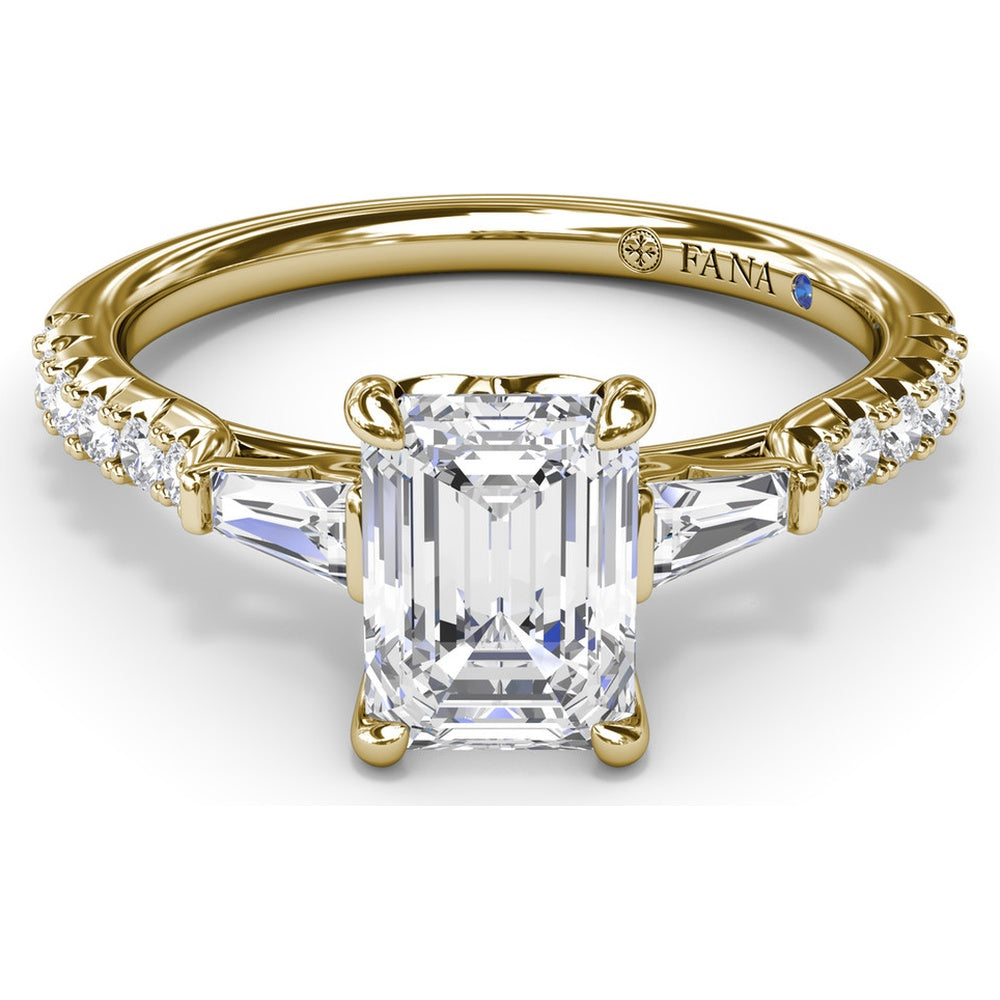 Emerald Cut Engagement Ring Setting with Tapered Baguette and Pavé Round Diamonds by Fana - 0.38 Carat Total Diamond Weight