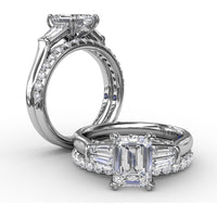 Emerald-Cut Engagement Ring Setting with Tapered Baguette Side Stones and Pavé Shank by Fana