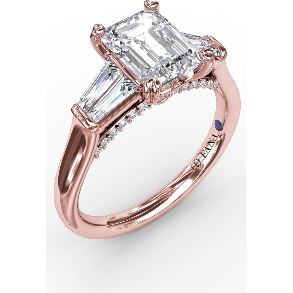 Emerald-Cut Engagement Ring Setting with Tapered Baguette Side Stones and Pavé Shank by Fana