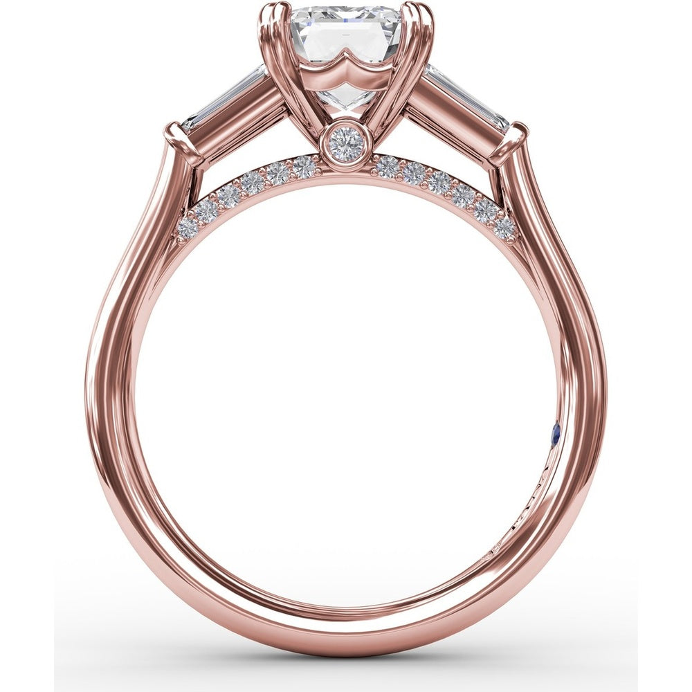 Emerald-Cut Engagement Ring Setting with Tapered Baguette Side Stones and Pavé Shank by Fana