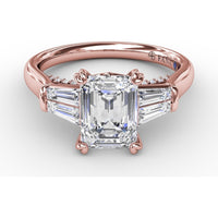 Emerald-Cut Engagement Ring Setting with Tapered Baguette Side Stones and Pavé Shank by Fana