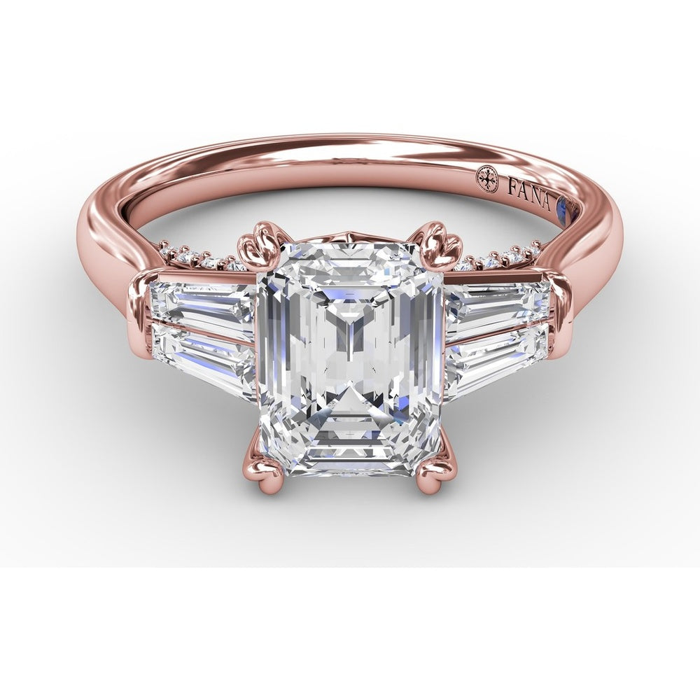 Emerald-Cut Engagement Ring Setting with Tapered Baguette Side Stones and Pavé Shank by Fana