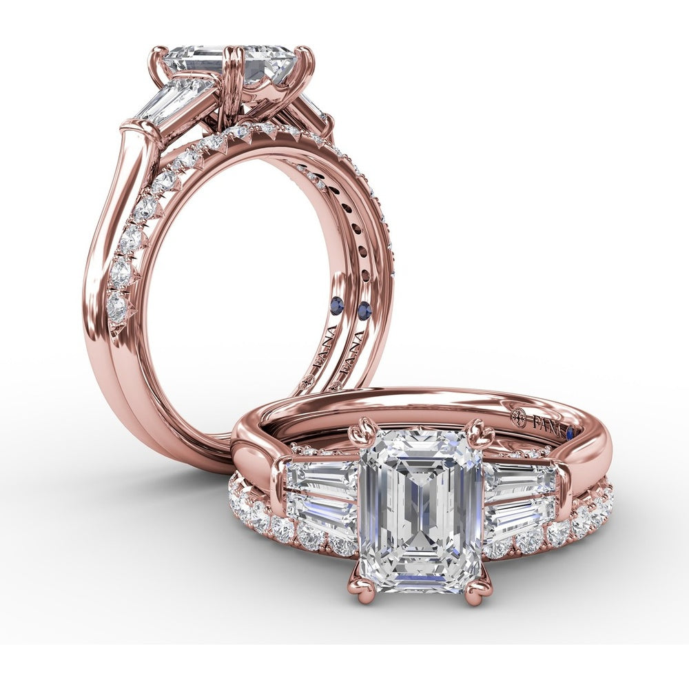 Emerald-Cut Engagement Ring Setting with Tapered Baguette Side Stones and Pavé Shank by Fana