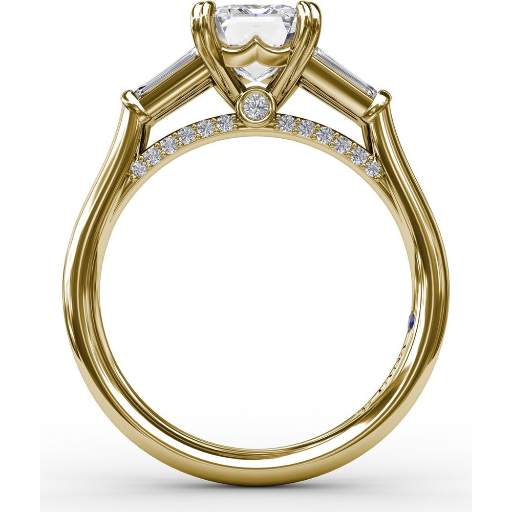 Emerald-Cut Engagement Ring Setting with Tapered Baguette Side Stones and Pavé Shank by Fana