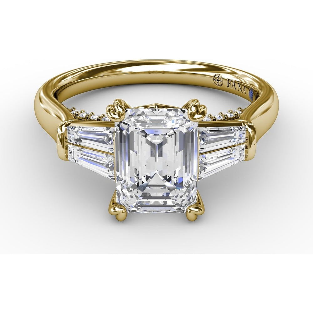 Emerald-Cut Engagement Ring Setting with Tapered Baguette Side Stones and Pavé Shank by Fana