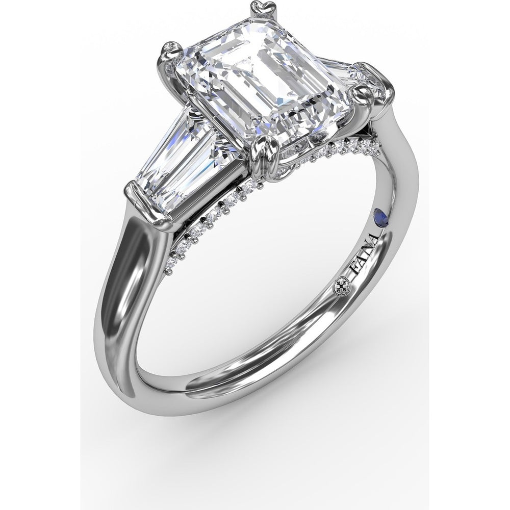 Emerald-Cut Engagement Ring Setting with Tapered Baguette Side Stones and Pavé Shank by Fana