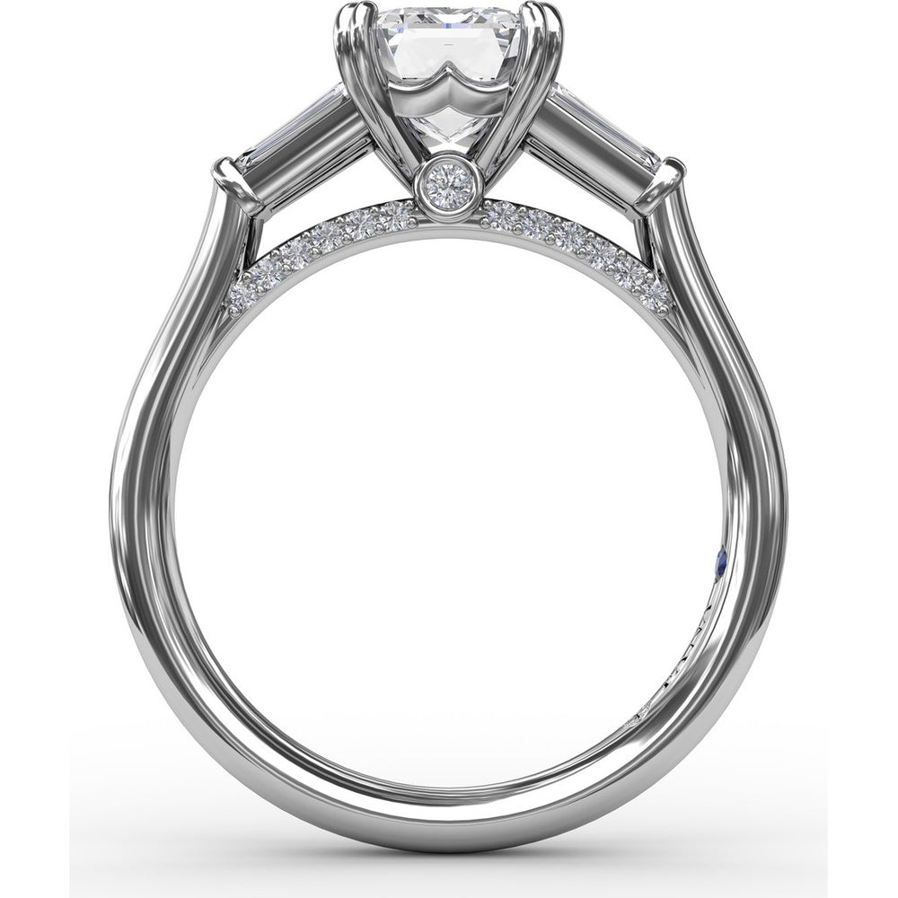 Emerald-Cut Engagement Ring Setting with Tapered Baguette Side Stones and Pavé Shank by Fana