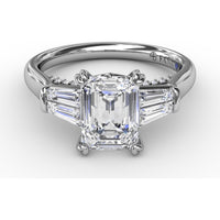 Emerald-Cut Engagement Ring Setting with Tapered Baguette Side Stones and Pavé Shank by Fana