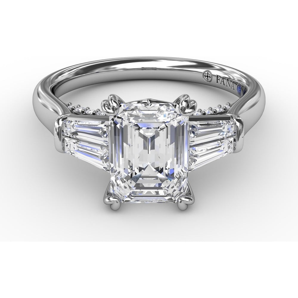 Emerald-Cut Engagement Ring Setting with Tapered Baguette Side Stones and Pavé Shank by Fana