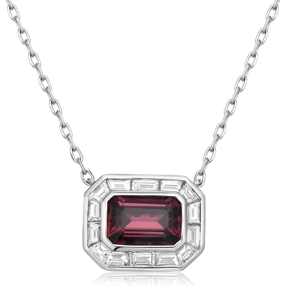 Emerald Cut Garnet and Diamond Frame Pendant Necklace in 18K White Gold by Charles Krypell