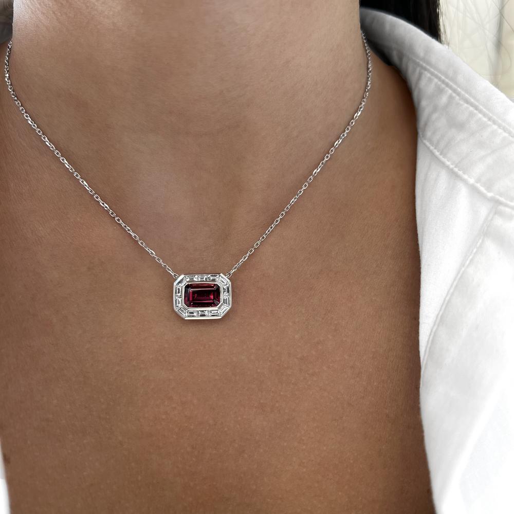Emerald Cut Garnet and Diamond Frame Pendant Necklace in 18K White Gold by Charles Krypell