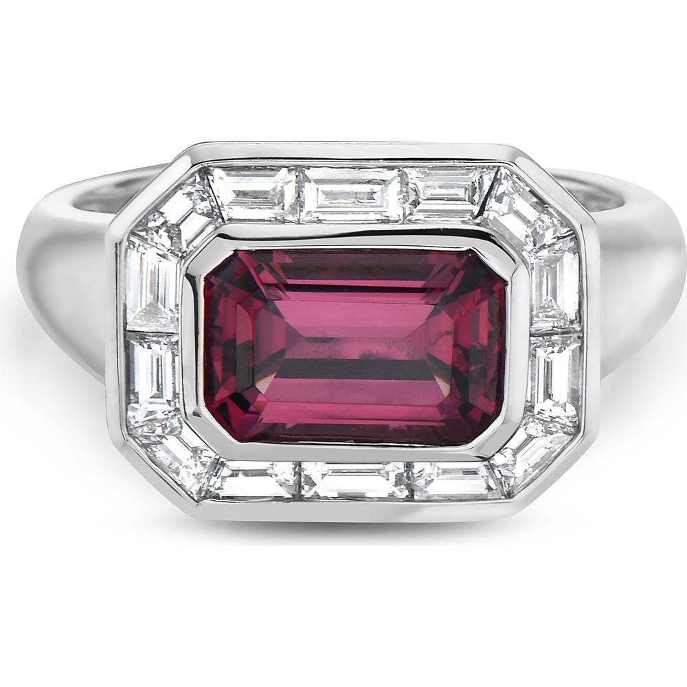 Emerald Cut Garnet and Diamond Frame Ring in 18K White Gold by Charles Krypell