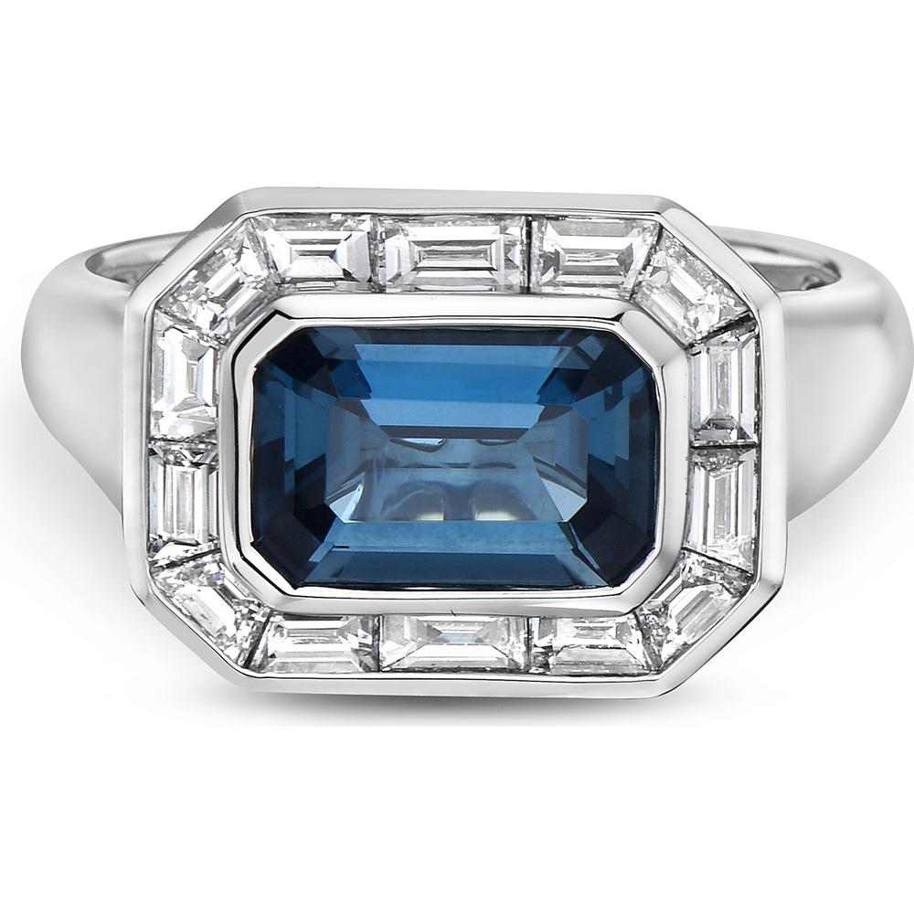 Emerald Cut London Blue Topaz and Diamond Frame Ring in 18K White Gold by Charles Krypell